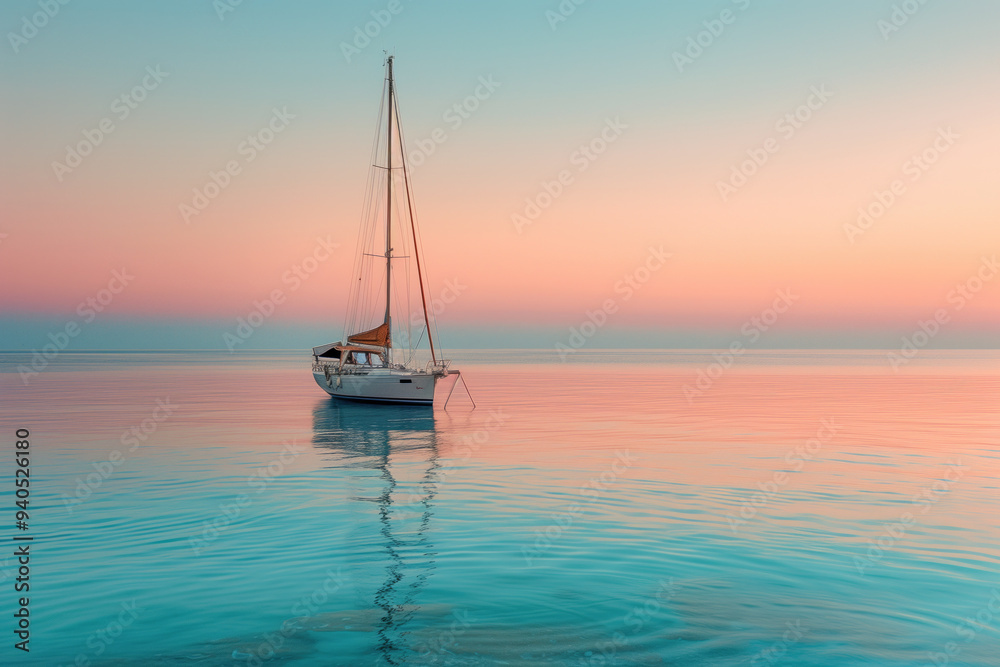 Sailing boat anchored on tranquil sea during sunset, with reflections creating a peaceful ambiance. Sky painted with soft hues blending into calm ocean, emphasizing serenity Sailing boat anchored on tranquil sea during sunset, with reflections creating a peaceful ambiance. Sky painted with soft hues blending into calm ocean, emphasizing serenity