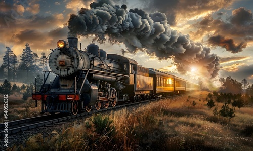 Vintage steam train with ancient locomotive and old carriages runs on the tracks in the countryside. 