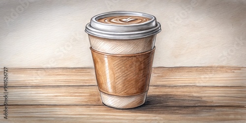 Watercolor Illustration of a Paper Cup of Coffee on a Wooden Table, coffee illustration, watercolor art, coffee art photo