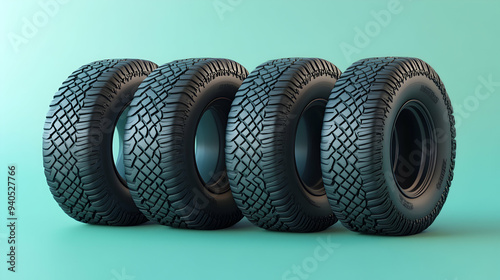 Four new black tires with tread pattern in a row on a mint green background.