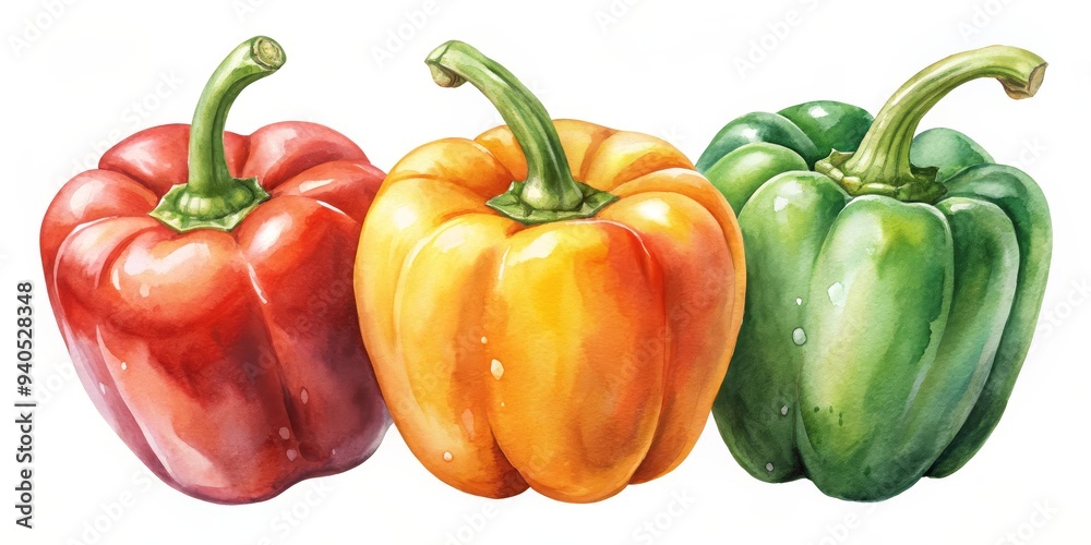 Watercolor Painting of Three Bell Peppers, Red, Yellow and Green, Bell Peppers, Watercolor, Vegetables Watercolor Painting of Three Bell Peppers, Red, Yellow and Green, Bell Peppers, Watercolor, Vegetables
