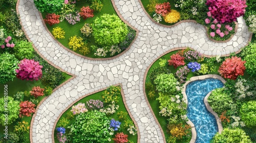 Garden pathways flat design, top view, flowerlined walkways theme, water color, Complementary Color Scheme photo