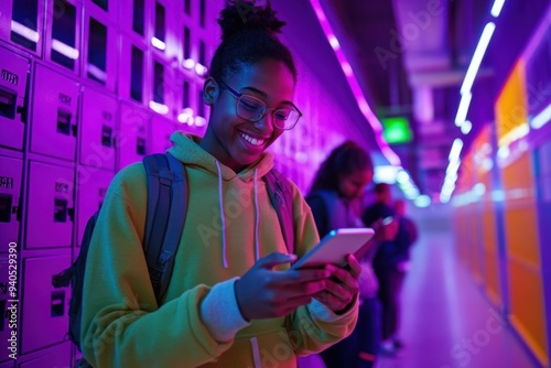 Teen girl using smartphone in neon-lit hallway