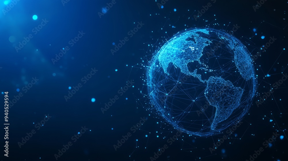 Earth and Magnifying low poly blue. With dark blue background. Low poly wireframe with lines, dots and glowing particles Earth and Magnifying low poly blue. With dark blue background. Low poly wireframe with lines, dots and glowing particles
