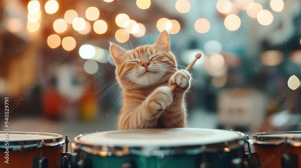 Naklejka premium A cat drumming energetically with colorful lights and a lively backdrop, showcasing its playful and rhythmic personality.