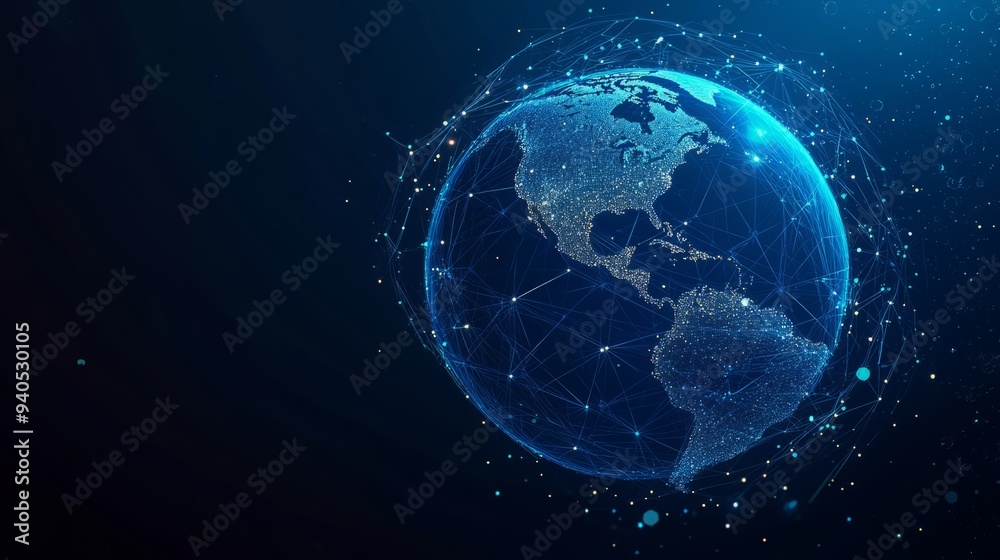 Fototapeta premium Earth and Magnifying low poly blue. With dark blue background. Low poly wireframe with lines, dots and glowing particles