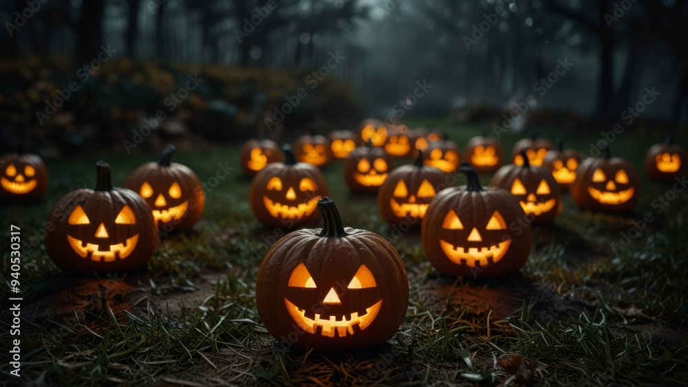 Jack-O-Lanterns: Carved spooky pumpkins at night. Halloween. Jack-O-Lanterns: Carved spooky pumpkins at night. Halloween.