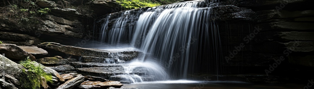 Serene Waterfall Cascading Over Mossy Rocks Serene Waterfall Cascading Over Mossy Rocks