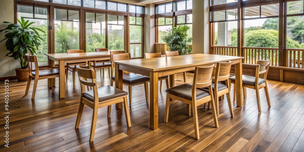 Wooden Dining Table and Chairs with Window View, wood, interior design, dining room Wooden Dining Table and Chairs with Window View, wood, interior design, dining room