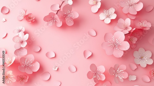 Blooming cherry blossoms flat design, top view, seasonal beauty theme, 3D render, Complementary Color Scheme
