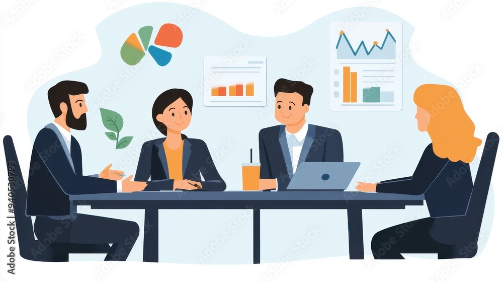Creditor meeting flat design, front view, discussing repayments theme, cartoon drawing, Complementary Color Scheme Creditor meeting flat design, front view, discussing repayments theme, cartoon drawing, Complementary Color Scheme