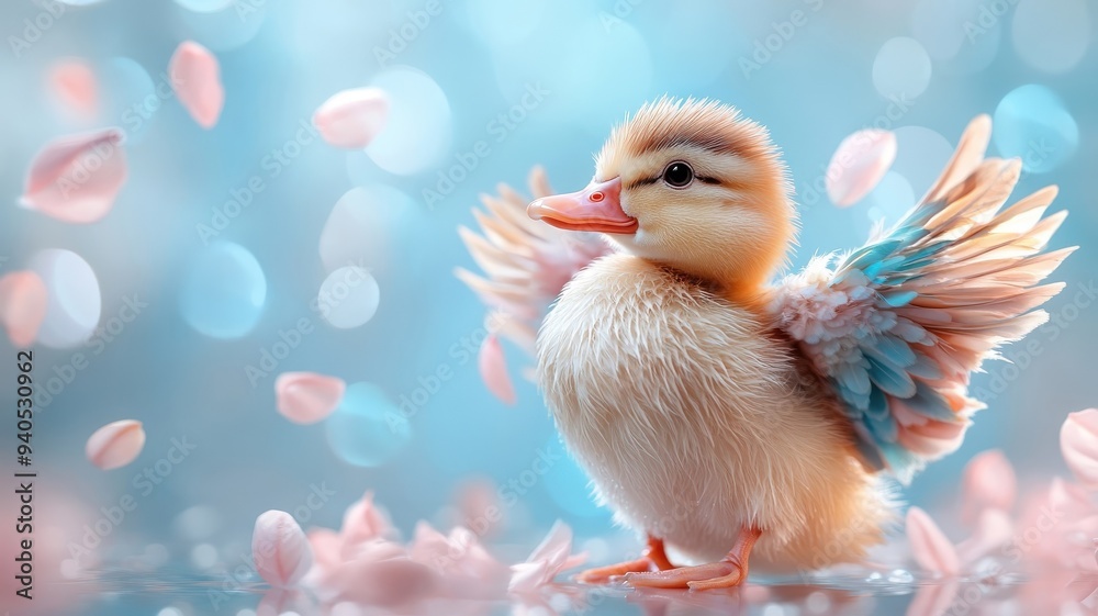 A duck with vibrant wings and a rainbow background, adding a whimsical and magical touch to its appearance. A duck with vibrant wings and a rainbow background, adding a whimsical and magical touch to its appearance.