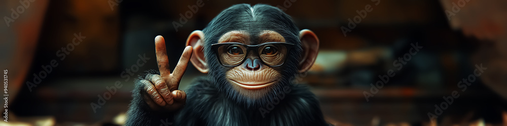 A playful monkey wearing glasses making a V-sign and peace sign, ideal for children's content, social media posts, and animal-themed events. A playful monkey wearing glasses making a V-sign and peace sign, ideal for children's content, social media posts, and animal-themed events.