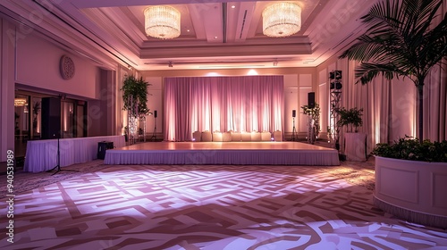 Bright and Inviting Event Space with a Stage, Soft Lighting, and Patterned Floor