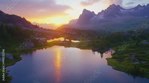 Tranquil Beauty. Majestic mountain ranges and serene lakes at sunrise concept