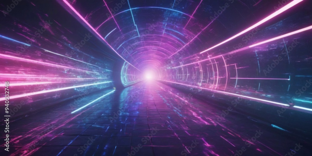 Futuristic neon tunnel with grid-like neon lines in pink, blue, Futuristic neon tunnel with grid-like neon lines in pink, blue,