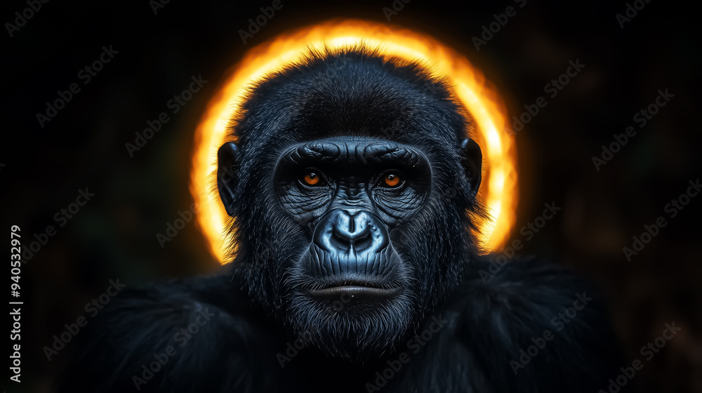 Obraz premium A striking portrait of a gorilla with a halo effect, ideal for ape wildlife conservation campaigns and emotional awareness projects. Design for Wall Art, Poster Print, Wallpaper & Background