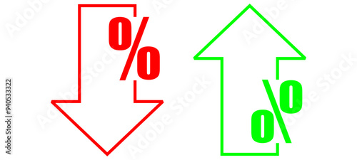 Percent down and up arrow sign Red And Green editable stroke outline icon isolated on white background flat vector illustration.