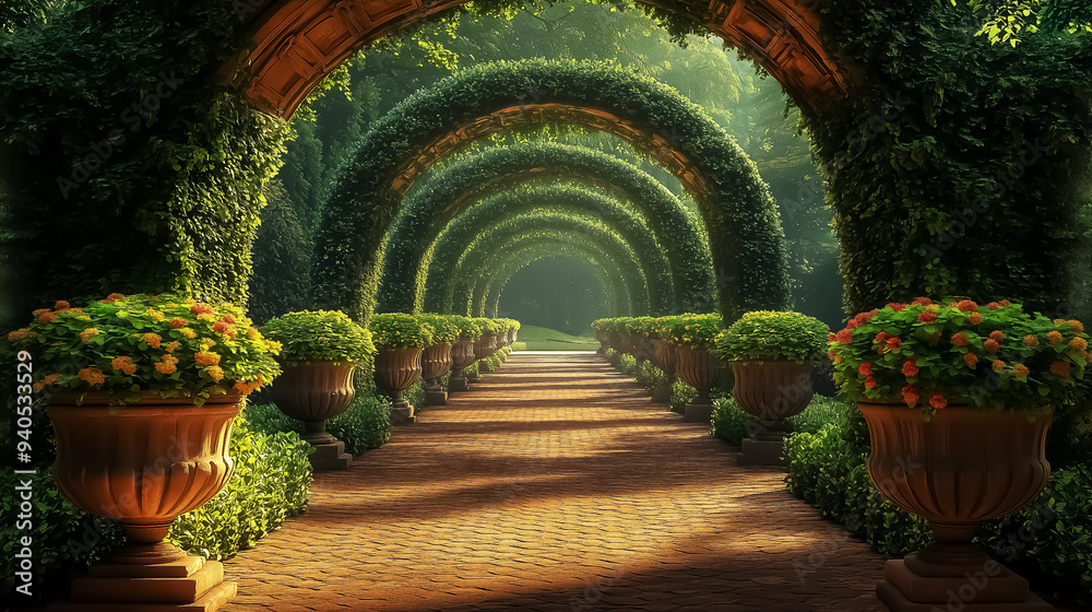 Lush green garden pathway with ivy-covered arches, ideal for weddings and outdoor events, radiating tranquility and beauty. Lush green garden pathway with ivy-covered arches, ideal for weddings and outdoor events, radiating tranquility and beauty.