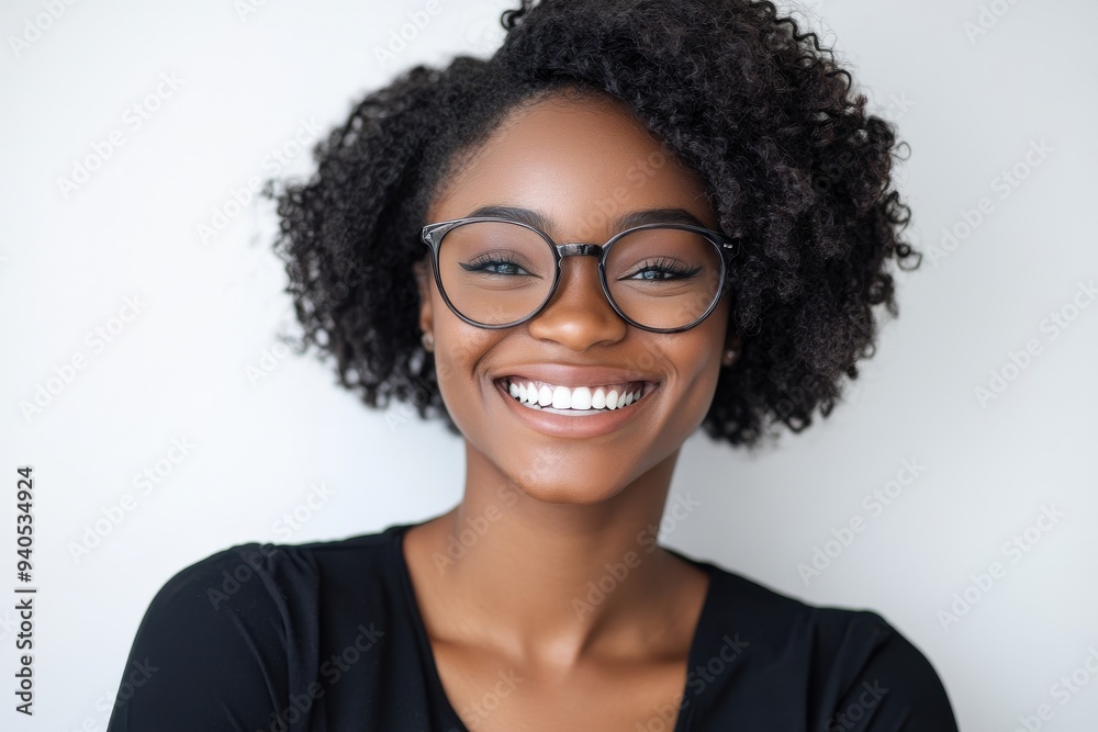 Smiling Young Woman with Curly Hair and Glasses in a Black Shirt Against a White Background
Smiling Young Woman with Curly Hair and Glasses in a Black Shirt Against a White Background