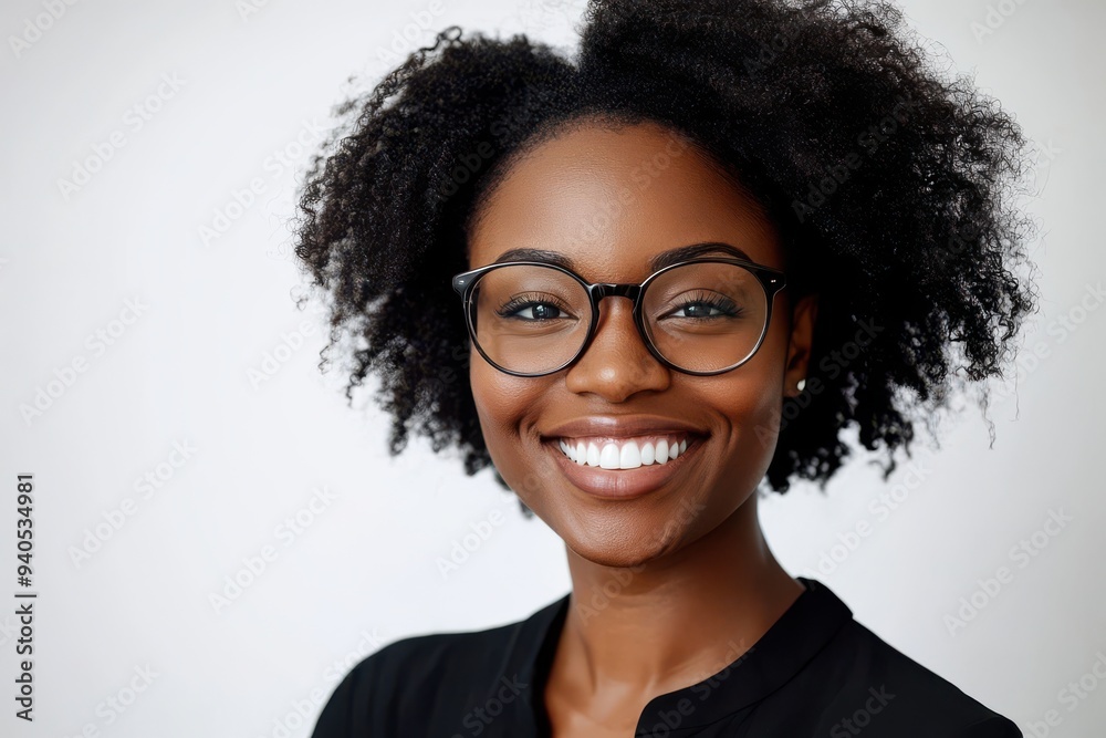 Smiling Young Woman with Curly Hair and Glasses Posing Against a White Background
Smiling Young Woman with Curly Hair and Glasses Posing Against a White Background