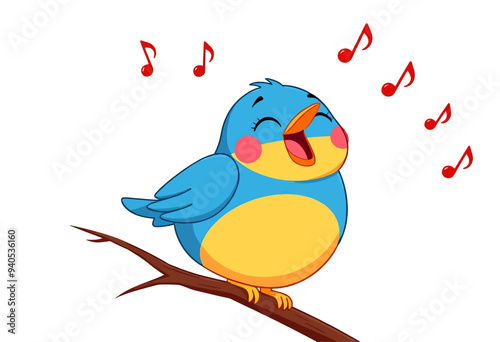 Cheerful Blue and Yellow Bird Singing on Branch