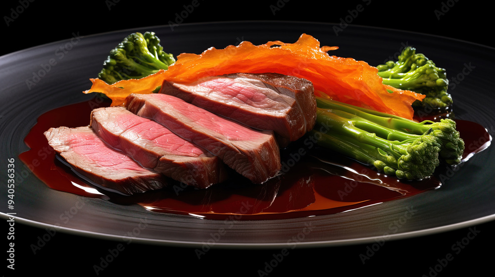 Close-Up of Sliced Grilled Meat with Broccoli and Sauce Close-Up of Sliced Grilled Meat with Broccoli and Sauce