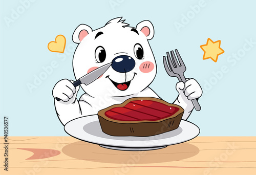 Cheerful Polar Bear Cutting into Delicious Pie