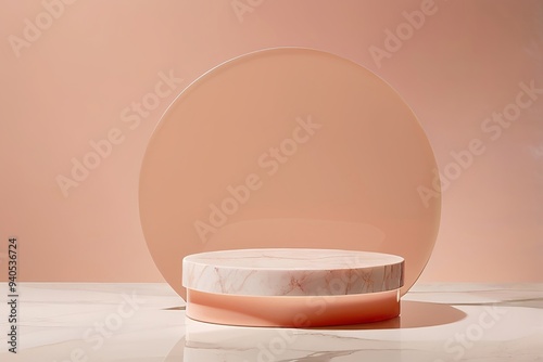 Small, blank, blush pink marble podium on a glossy glass surface, with a warm peach background blending into a subtle gradient for beauty product display. Made with generative AI technology
