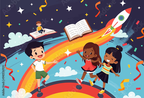 Children's Book Illustration: Three Children Celebrating Reading and Learning