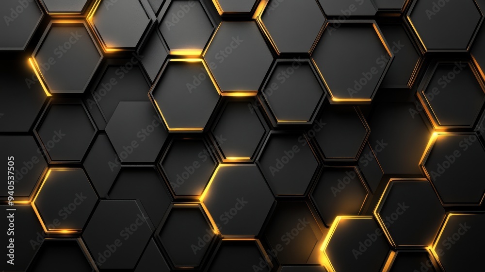 **Title:** Black Hexagonal 3D Pattern with Yellow Glowing Edges **Title:** Black Hexagonal 3D Pattern with Yellow Glowing Edges