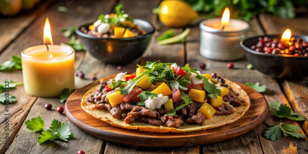 Warm candlelight casts a romantic glow on tender Pibil Beef tostadas with creamy black beans, diced mango, and fresh cilantro on a distressed, vintage wooden table. Warm candlelight casts a romantic glow on tender Pibil Beef tostadas with creamy black beans, diced mango, and fresh cilantro on a distressed, vintage wooden table.