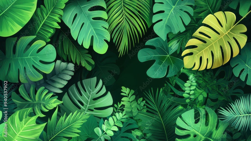 Tropical plants flat design, top view, lush greenery theme, cartoon drawing, Complementary Color Scheme