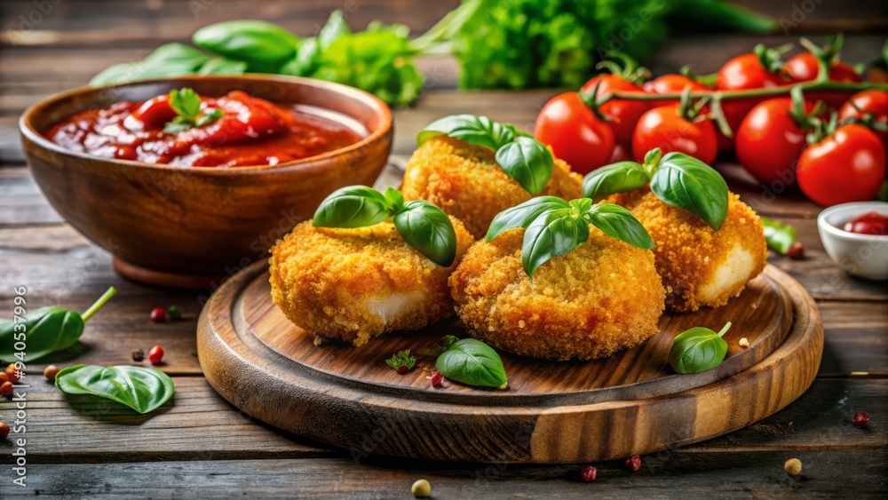 Golden crispy breading melting mozzarella cheese rich marinara sauce vibrant green basil against Golden crispy breading melting mozzarella cheese rich marinara sauce vibrant green basil against