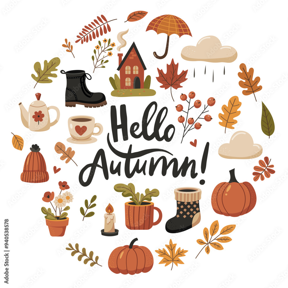 A set of elements on an autumn theme, collected in a circle. Lettering Hello, autumn! Vector illustration in doodle style.