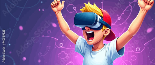 Excited Boy with VR Headset, Celebrating Virtual Victory