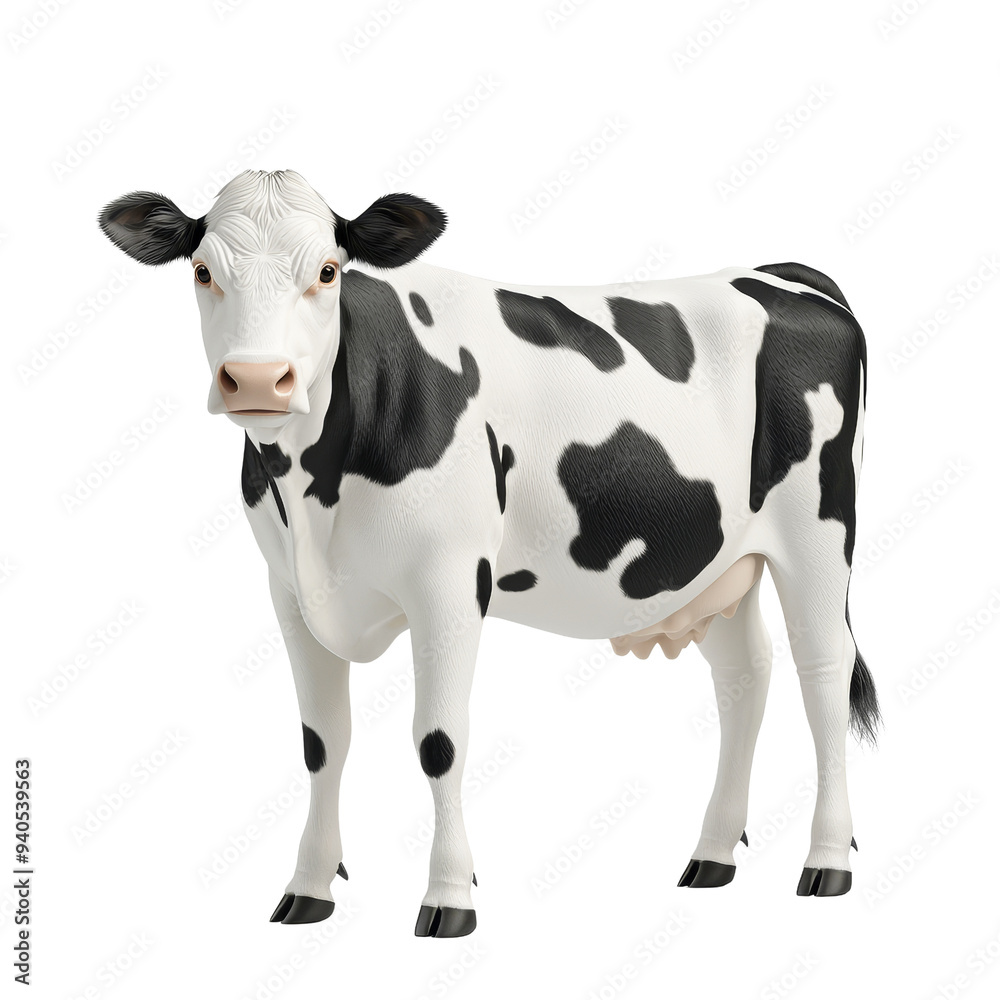 A realistic black and white cow standing gracefully in an outdoor setting, representing farm life and dairy production. Isolated on transparent background. A realistic black and white cow standing gracefully in an outdoor setting, representing farm life and dairy production. Isolated on transparent background.