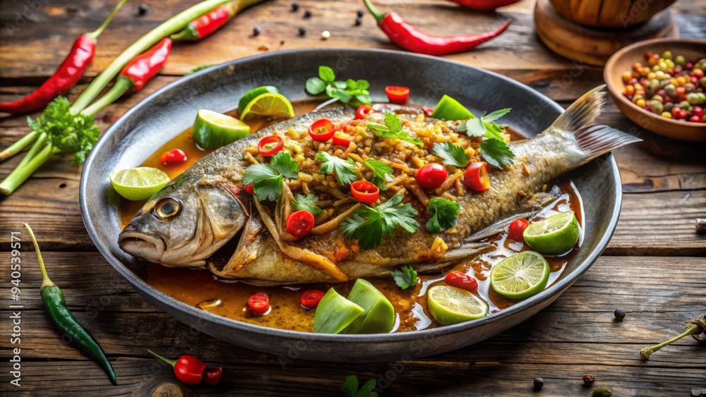 fish dish spicy stirfry wooden table morning light golden chunks rustic fresh citrusy herbs fish dish spicy stirfry wooden table morning light golden chunks rustic fresh citrusy herbs