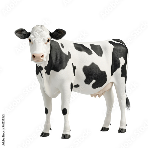 A realistic black and white cow standing gracefully in an outdoor setting, representing farm life and dairy production. Isolated on transparent background.