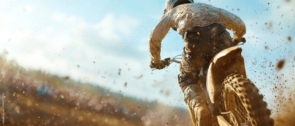 Obraz premium A man rides a dirt bike through a mud puddle on a dirt field