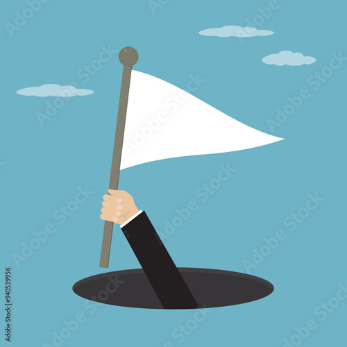 Businessman hand stuck out of deep hole and holding white flag. Business errors, failure and problems. Symbol give up. Surrendering concept. Message truce. Close up view.