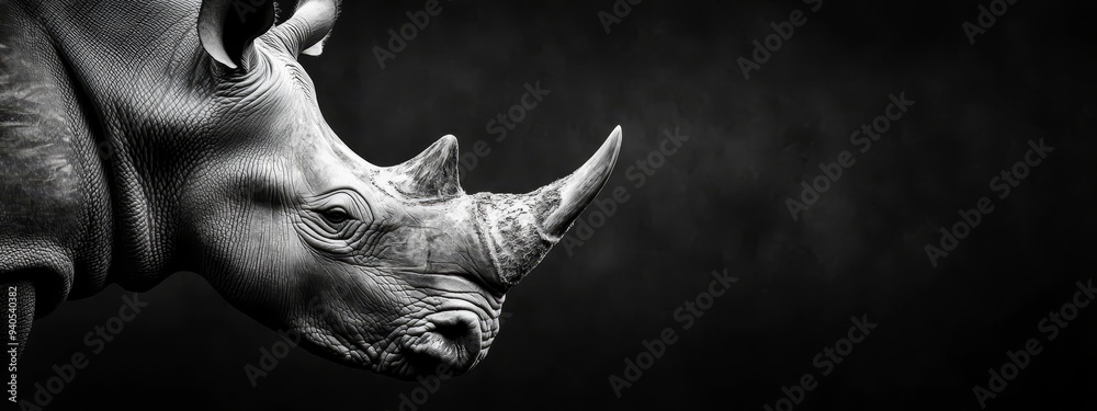 A monochrome image of a rhino profile against a black backdrop A monochrome image of a rhino profile against a black backdrop