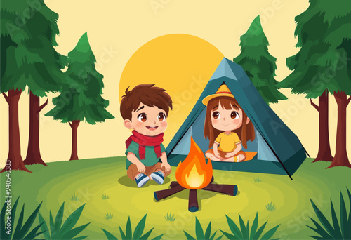 Friendly Campfire Moment: Children Enjoy a Tent Adventure