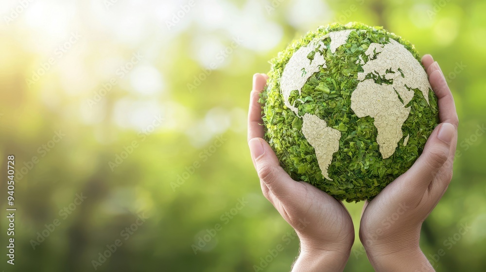 Hands holding a green earth globe made of leaves symbolizing global environmental conservation and sustainable living Hands holding a green earth globe made of leaves symbolizing global environmental conservation and sustainable living