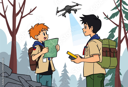 Friendly Encounter in the Forest: Two Scouts Share a Moment with a Drone