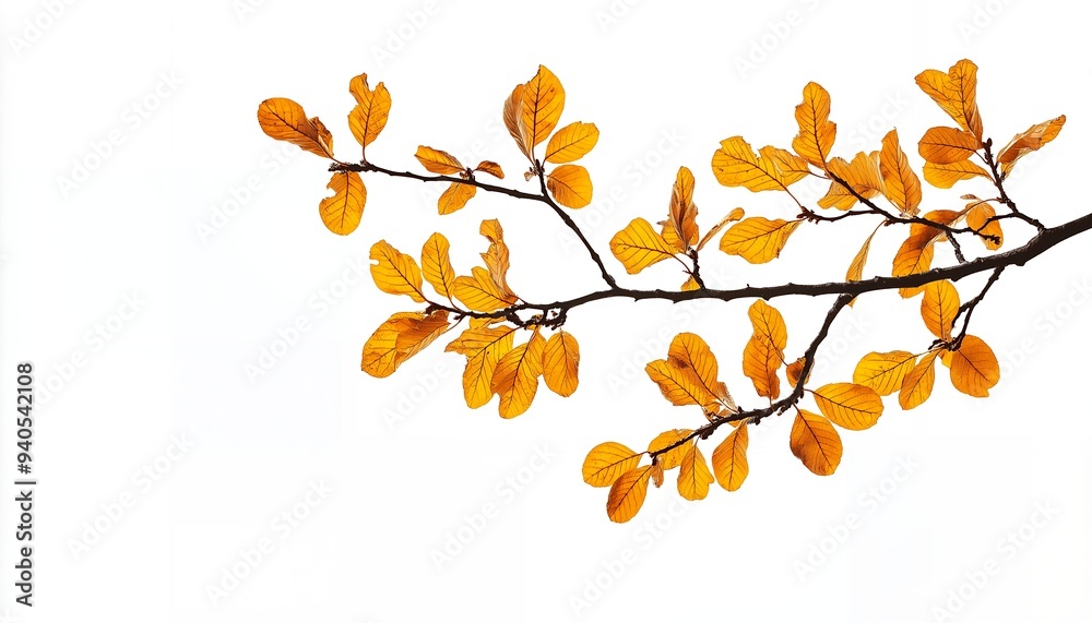 A branch with vibrant orange leaves against a white background. A branch with vibrant orange leaves against a white background.