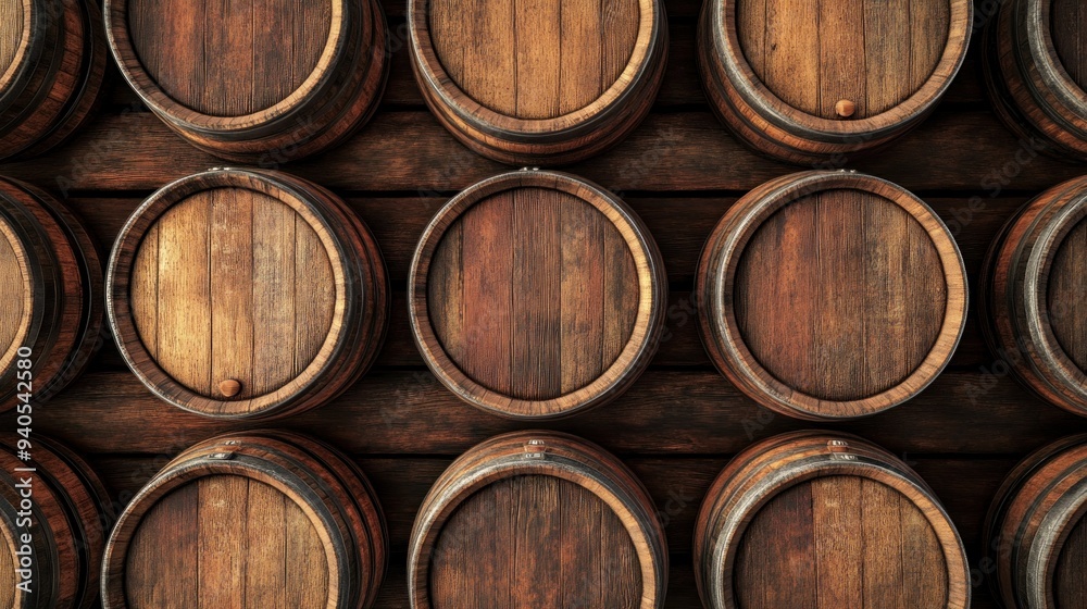 Rustic Wooden Barrels Arranged in a Pattern on a Wooden Wall Rustic Wooden Barrels Arranged in a Pattern on a Wooden Wall