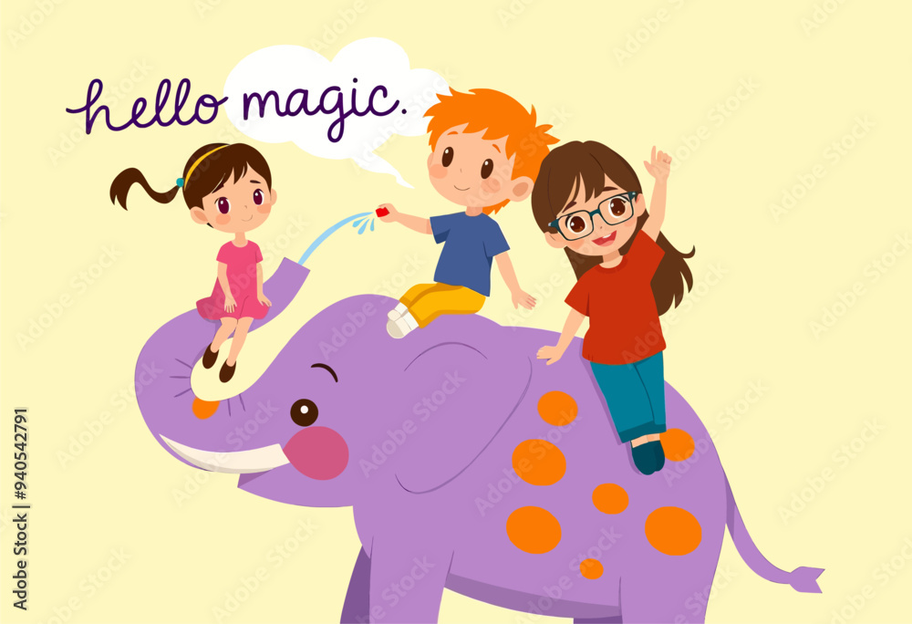 Hello Magic: A whimsical scene of children riding an elephant Hello Magic: A whimsical scene of children riding an elephant