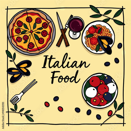 Italian Food Platter: Pizza, Pasta, Fruit, and Wine
