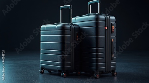 Two stylish black suitcases on a dark background showcasing modern travel luxury